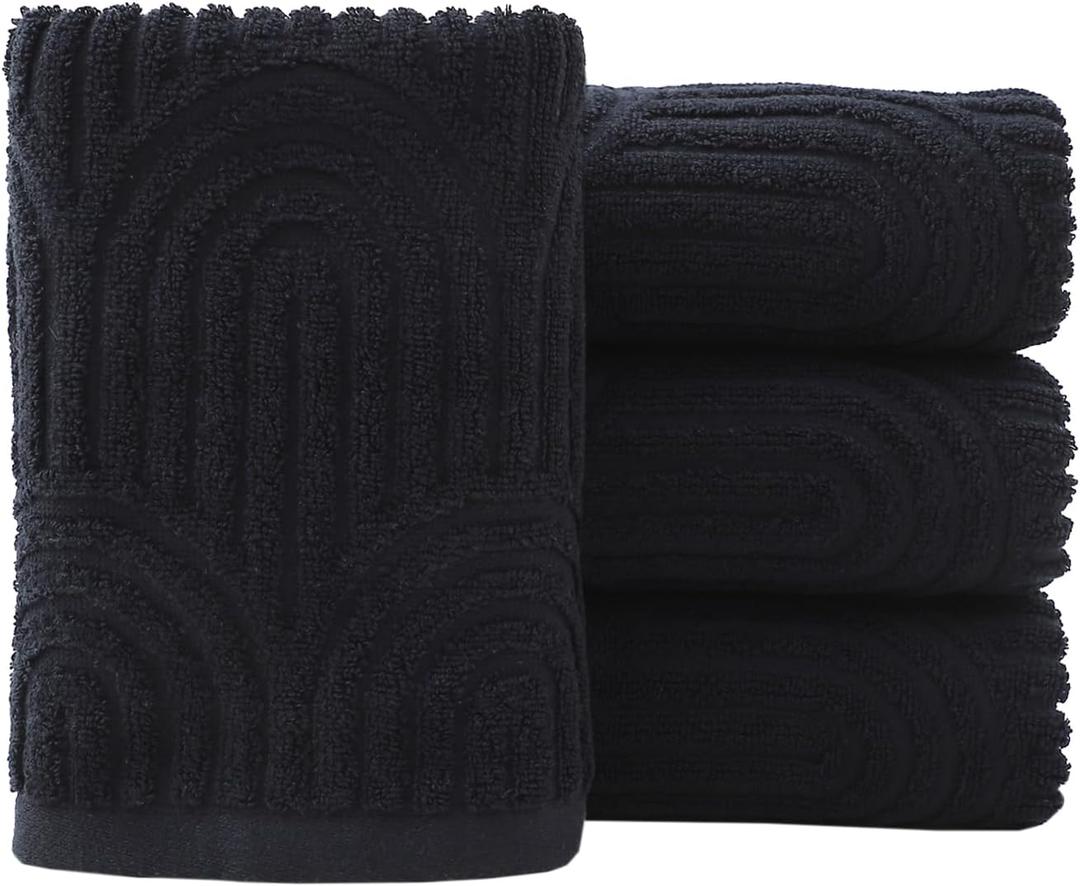 Pidada Hand Towels Set of 4 Striped Pattern 100% Cotton Absorbent Soft Decorative Towel for Bathroom (Black)