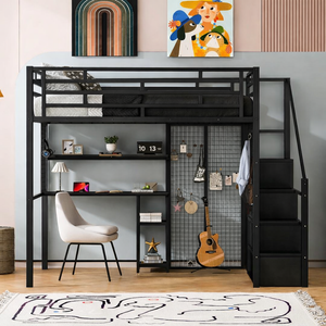 Full Size Metal Loft Bed with Wardrobe and Desk, Heavy Duty Loftbed w/Storage Stairs + Shelves,Space-Saving, Noise Free, No Box Spring Needed, White