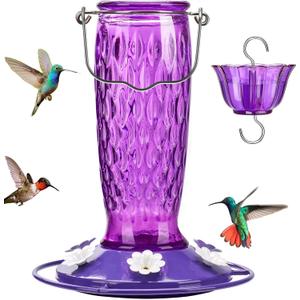 Kingsyard Hummingbird Feeders for Outdoors Hanging, 24 Ounce, Glass Hummingbird Feeder with Ant Moat & 6 Bee Guard Feeding Ports, Leak-Proof, Purple