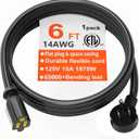 HUANCHAIN 14 Gauge 6 Feet Flat Plug Extension Cord Black Indoor Outdoor, Heavy Duty 3 Prong Grounded Low Profile Extension Wire Flexible, 15A 1875W 125V 14AWG SJTW, ETL Listed