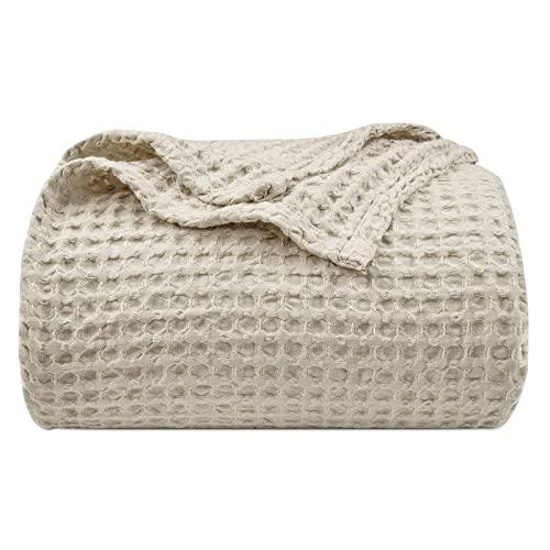 PHF Ultra Soft Waffle Weave Blanket Queen Size 90"x 90"- Washed Lightweight Breathable Cozy Woven Blanket for Bed - Aesthetic Decor for Couch Bedding Sofa Home Car - Light Khaki/Linen
