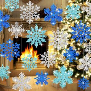 Whaline 48Pcs Christmas Snowflake Hanging Ornaments Glitter Assorted Blue Silver Winter Snow Flake Christmas Tree Decor Xmas Plastic Snowflakes for Wonderland Holiday Home Party DIY Craft Decor, 3.9in