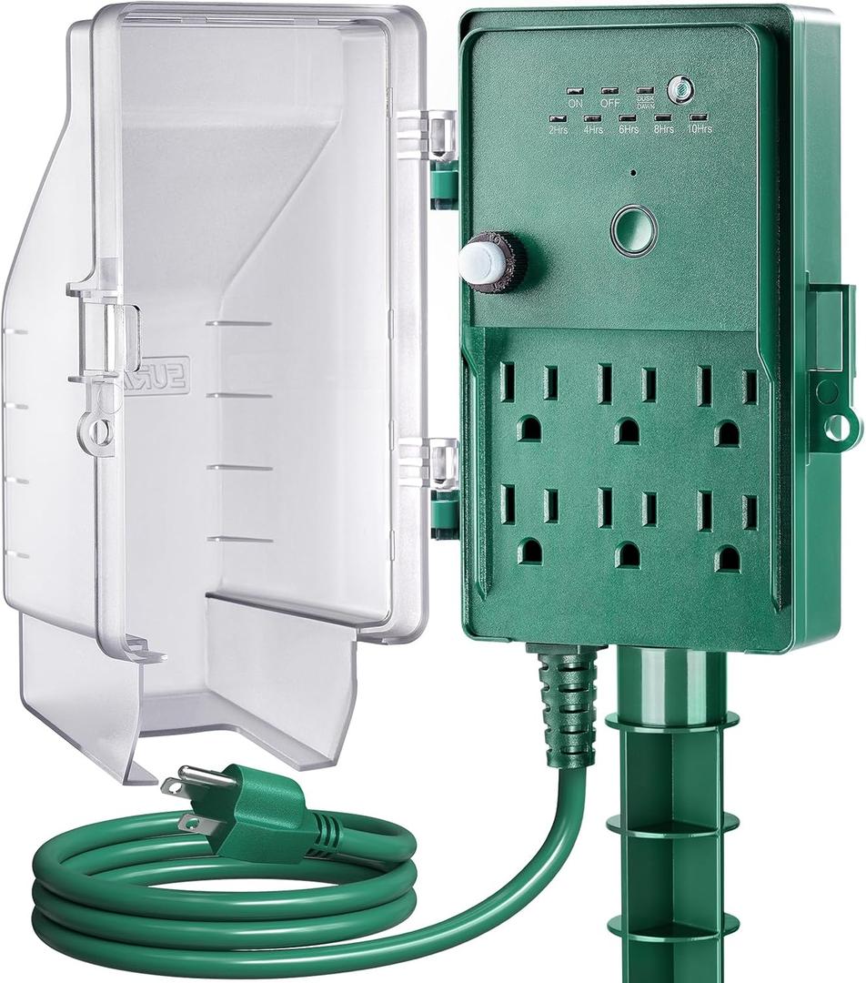 SURAIELEC Outdoor Power Stake, Dusk to Dawn Light Timer, 6 Electrical Outlet Power Strip Waterproof, 6 ft Extension Cord for Patio Lights, Sprinkler, Garden, Christmas Decorations, Outdoor Light (Green)