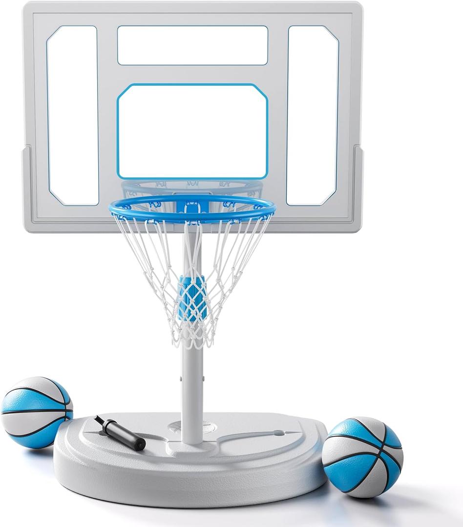 Stainless Steel Pool Basketball Hoop Poolside, Adjustable Swimming Pool Basketball Goal with 32 Inch Shatterproof Backboard, Poolside Water Basketball Hoop, 2 Balls & Pump Included (32in Pool Hoop)