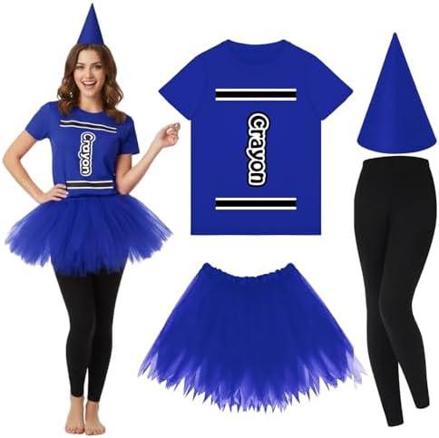 Mepase Crayon Costume Set Crayon T Shirt Tutu Skirt Gnome Cone Hat Leggings for 2025 Halloween Group Team Outfit L