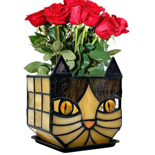 Entlityful Yellow Cat Plant Pot with Drainage,Cute Planters for Indoor Plants,Stained Glass Cat Flower Pots,Fun Candle Holder Glass Container,Gifts for Gardeners Woman