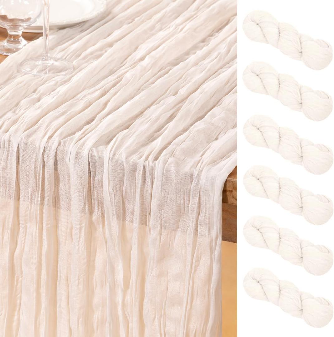 DeZerlor Ivory White Cheesecloth Table Runner 6 Pack Spring Easter Table Runners Boho Gauze 120 Inches White Cheese Cloth Table Decor for Wedding Bridal Baby Shower Parties