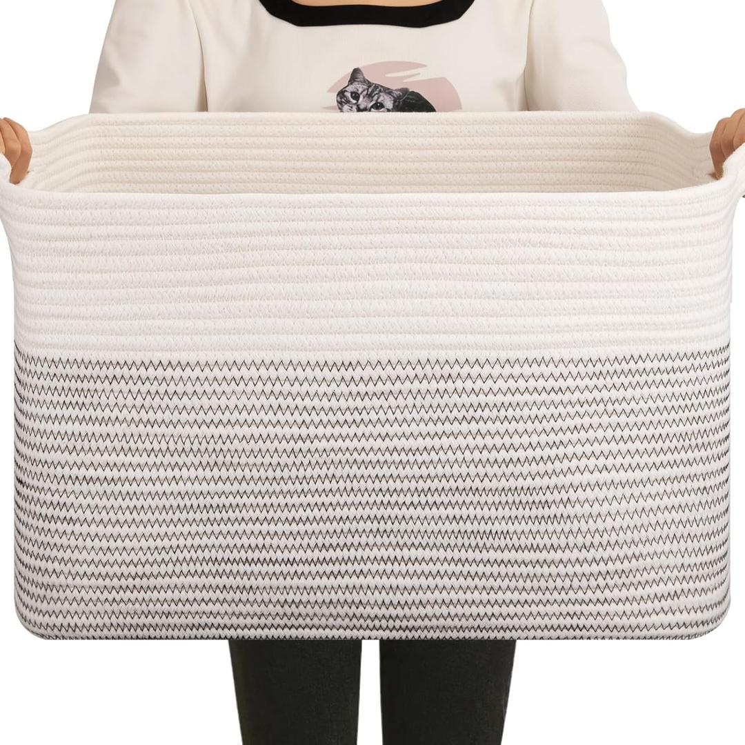 OIAHOMY Large Blanket Basket, 65L Cotton Rope Woven Laundry Basket, Toy Bin for Baby Room, Container for Blanket Storage in Living Room, 20''16''12'', Black & White