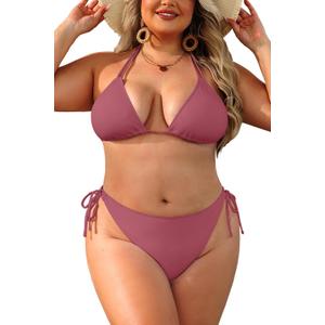 Daci Women Plus Size Triangle Bikini Sets Two Piece Double Straps Halter Swimsuit Side Tie String Sexy Bathing Suits (Pink, M)