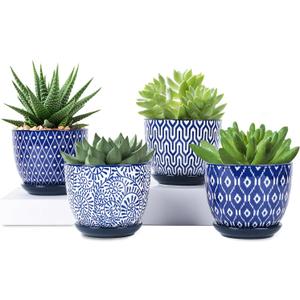 Selamica Ceramic Plant Pots, 4.6 Inch Flower Pots for Indoor Plants, Succulent Pots with Drainage Hole & Saucer, Succulent Planters for Succulent Cactus, Home Decor, Set of 4, Vintage Blue