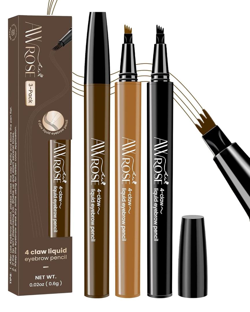 2 x AWROSE Eyebrow Pencil, 3 Pack 3D Microblading 4-Tip Eyebrow Pen, Magic Precise Natural Waterproof Eye Brow Pen with Hair Like Strokes, 4 Fork Tip Multi-Used Eye Brow Pencils for Women/Men (Dark Brown+Light Brown+Black)
