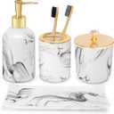 Haturi Bathroom Accessories Set, 4 Pcs Marble Look Sets Soap Dispenser & Toothbrush Holder Counter Top Restroom Apartment Decor Stuff, Glass Kits, Gift for Women and Men, Ink White