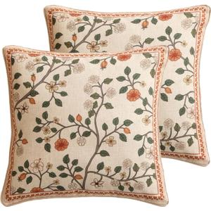 Design Linen Classic Throw Pillow Covers 18"x18" Pack of 2, French Farmhouse Square Cushion Covers with Orange White Floral Pattern Decoration Pillowcases for Bed,Living Room,Outdoor,Car