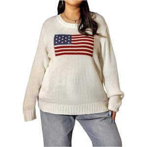 Women's America Flag Sweater Long Sleeve Crewneck USA Graphic Knitted Pullover Sweater Top  L