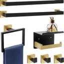 7-Piece Bathroom Set - Black & Gold Accessories Set - Square Towel Bar 2x23'', Hand Towel Rack, Toilet Paper Holder, 3x Towel Hook, Bathroom Hardware