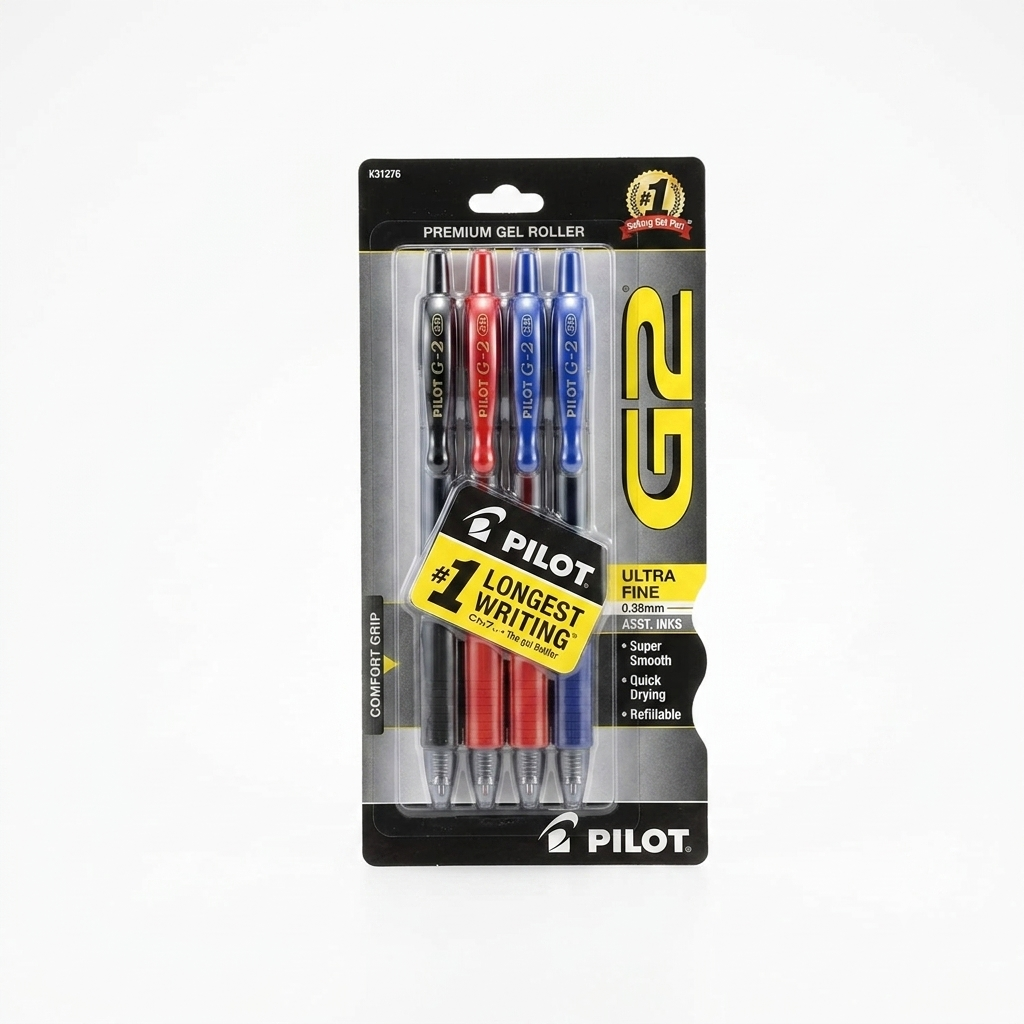 Pilot G2 Premium Gel Roller Pens, Fine Point, Gel Ink Pens, 0.38 mm, Pack of 4, Black/Blue/Red - Ideal for School, Journaling & Office Writing