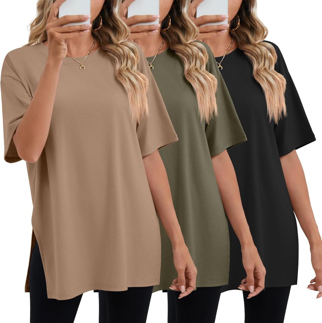 Huukeay 3 Pack Women's Oversized Gym T Shirts Short Sleeve Side Split Crewneck Tops Casual Summer Workout Baggy Basic Tee (XX-Large, Black, Army Green, Coffee)