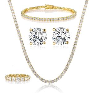 Gemsme 18K White Gold Plated Tennis Necklace/Bracelet/Earrings/Band Ring Sets Hypoallergenic Jewelry Pack of 4