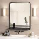 Large Bathroom Mirror with Shelf, Matte Black Modern Farmhouse Bathroom Vanity Mirror for Wall, Rectangle Metal Framed Rounded Corner Wall Mirror for Bathroom Living Room,Entryway 25" x 30.7"