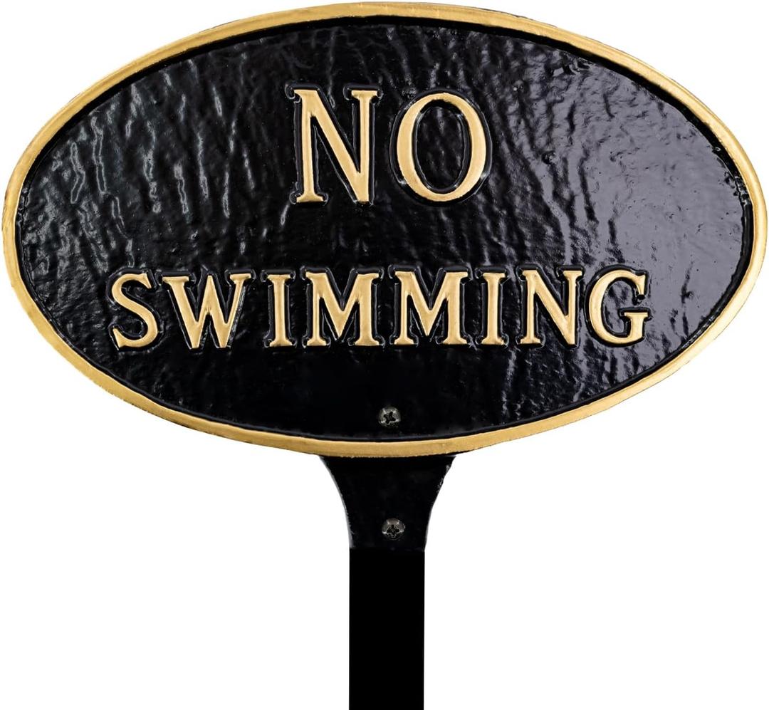 8.5" x 13" Standard Oval No Swimming Statement Plaque Sign with Lawn Stake - Black/Gold