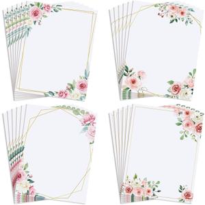 Teling 48 Sheets Decorative Printer Paper Writing Scrapbook Wedding Program Paper 8.27 x 10.6 Inches Greenery Flower Border Writing for Drawing Office Thank Greeting Stationery Supplies (Rose)