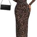 BEAUDRM Women's Y2k Leopard Print Fitted Mesh Sheer Bodycon Dress Cheetah Long Sleeve Crew Neck Maxi Dress, L