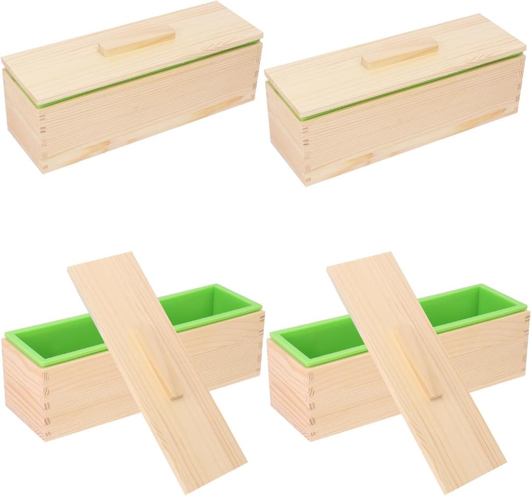 Artisan Soap Making Loaf Box - 4 Pack 42oz Premium Silicone Molds With Wooden Lid - Green, Flexible, Heat Resistant for Large Homemade Soaps