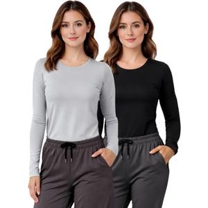 Nautica Underscrub Long Sleeve Women 2 Pack  Soft Scrub Undershirts for Nurses, Crew Neck Comfort Tee (Medium, Black/Lightgrey)