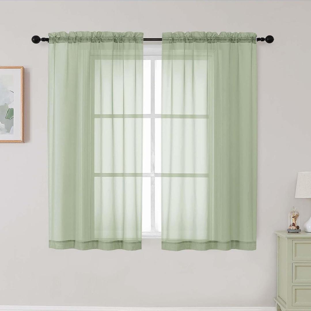 Light Green Sheer Curtains for Bedroom Living Room 45 Inch Length 2 Panels, Soft Airy Light Filtering Small Kitchen Window Curtains, Rod Pocket Short Curtain Drapes, 42" Wx45 L Inches