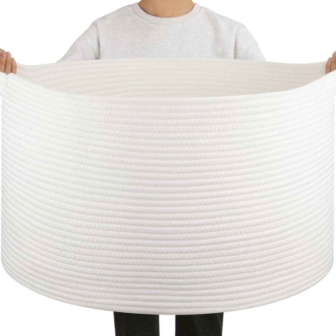 OIAHOMY 90L Large Blanket Basket with Handle, Blanket Storage for Living Room 23" x 23" x 13", Laundry Basket for Blankets, Pillows, Large Woven Rope Baskets for Kids, Dogs Toys - White