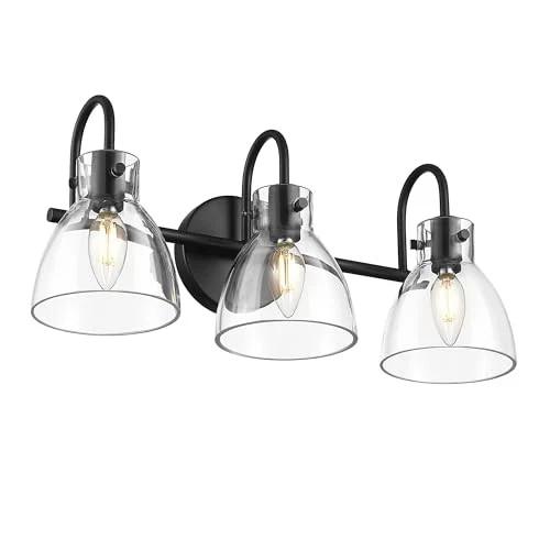Beionxii Bathroom Light Fixtures Over Mirror, 3 Light Matte Black Vanity Fixtures with Clear Glass Shade, Bathroom Vanity Light for Mirror Living Room Hallway, BX-VL02MB-3CG