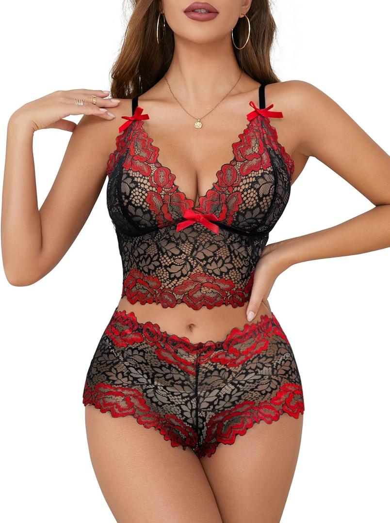 Lilosy Sexy Lace Pajamas Lingerie Set High Waist Sheer Sleepwear Bow Ties Cami Shorts Bra and Panty (Large, Floral Black Red)