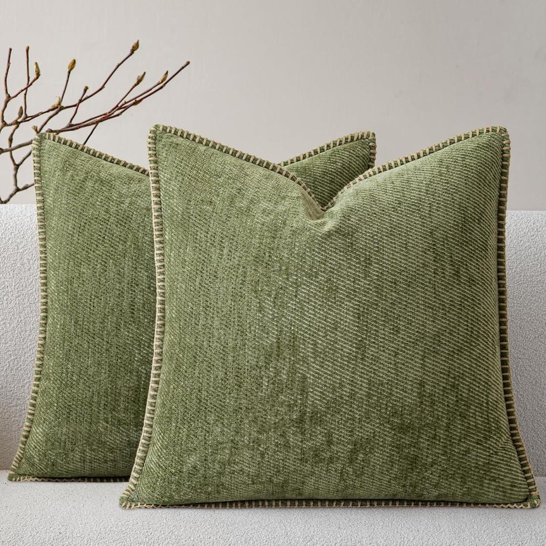 a moment Pack of 2 Decorative Chenille Throw Pillow Covers with Twill Cushion Covers for Sofa Living Room Couch Bed 18x18 Inch,Crafted Border Moss Green