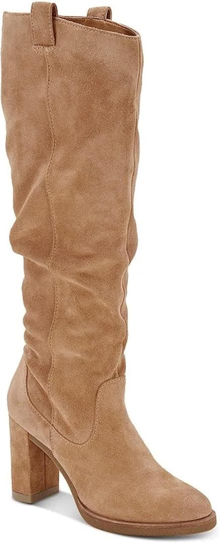 Juliet Holy Women's Knee High Boots Chunky Block Heel Wide Calf Round Toe Side Zipper Fashion Dress Boot (5, Light Brown)