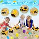 FHOZGECY Beach Toys, Sand Toys for Kids Boys and Girls with 4 Beach Construction Vehicles, 4 Collapsible Bucket, Sand Castle Building Kit, Sand Molds, Mesh Bag, Outdoor Toys for Kids Ages 4-8