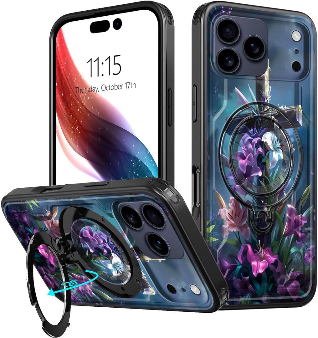 for iPhone 17 Pro Max Phone Case for Women Men Ring Holder Adjustable Kickstand Drop Protection Heavy Duty Shockproof Protective Cover for iPhone 17 Pro Max 6.9" 2025, Christian Jesus Cross Flower