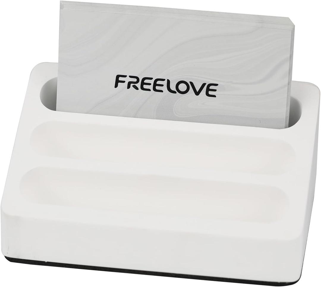FREELOVE Desktop Card Holder, Concrete, Handmade, 3 Stair 3 Slots, Fits 30-50 Business Cards, Stone Weighted, Smooth Finish, Eva Base, Office Desk Organizer (White, Small)