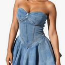 SHINFY Womens Summer Denim Dress Sexy Off Shoulder Strapless Bustier Corset Tube Pleated Mini Jean Dresses, Size Large