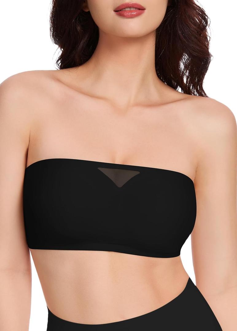 HBselect Strapless Bras for Women Seamless Non-Slip Silicone Padded Bandeau Bra Comfort Wireless Tube Top Bralette Black One Size