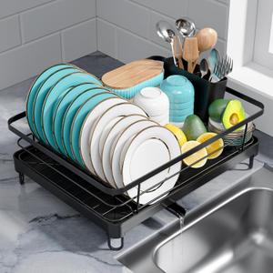 Dish Drying Rack - Stainless Steel Dish Rack with Drainboard for Kitchen Counter and Sink, 16.7" D x 12.7" W x 5.5" H, Black