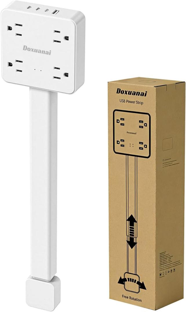 Electrical Outlet Extender Stick - Features 1 USB-A, 3 USB-C (15W) and 4 AC Outlets, Extends 17"-26", Rotates 180 Access Hard-to-Reach Outlets, Wall Plug Power Socket Expander Nightstands, Sofa
