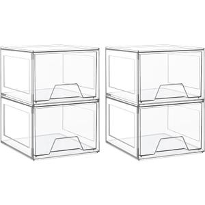 4 Pack Stackable Makeup Organizer,4.4'' Tall Acrylic Bathroom Organizer and Storage Drawers, Clear Plastic Drawer Storage Bins For Vanity, Undersink, Cabinets, Pantry