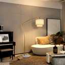 Lightdot Arc Floor Lamp for Living Room, Modern Standing Tall Lamps with Double Linen Shade, Tall Hanging Pole Lamp with Stable Base & Bulb Included for Bedroom/Sofa Beside/Corner Decor-Gold
