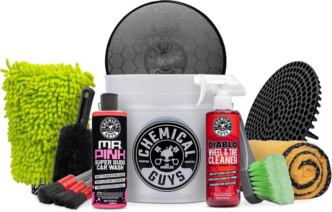 Chemical Guys Car Washing Kit - Mr. Pink Car Wash Soap, Diablo Wheel Cleaner, Wash Bucket with Dirt Trap and Lid, Wash Mitt, Detailing Brushes, Microfiber Towel, 12-Piece, 2.67 Fl Oz (EXP 12/26/36)