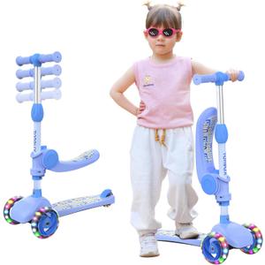 TONBUX Kids Scooter with Seat, 3 Wheels Scooter with PU Luminous Wheels, Non-Slip Handle and Wide Deck, Sensitive Brakes, 4-Level Adjustable Height, Scooters for Kids 28 Years (Blue)