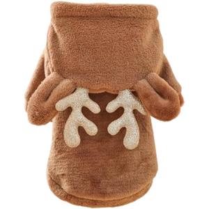 Reindeer Dog Costume Christmas Small Dog Hoodies with Antlers and Plush Ears Fleece Puppy Sweatshirt Winter Cat Clothes Cold Weather Coat Pet Santa Outfit (Brown, Large)