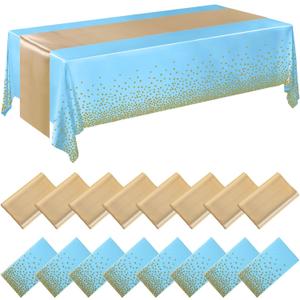 Tudomro 16 Pcs Teal and Gold Disposable Plastic Tablecloths and Satin Table Runner Set 54x108 Inch Tablecloth 12x108 Inch Table Runners for New Year Wedding Birthday Baby Shower Graduation