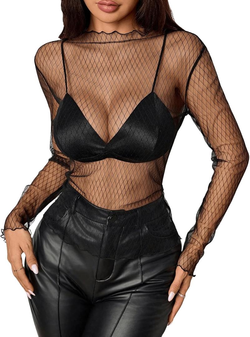 OYOANGLE Women's Mesh Sheer Long Sleeve Shirts See Through Lettuce Trim Mock Neck Tee Tops (Large, Black)