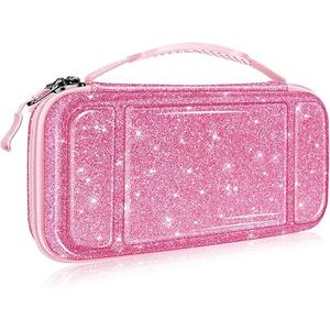 Fintie Carrying Case for Nintendo Switch OLED Model 2021/Switch 2017, [Shockproof] Hard Shell Protective Cover Travel Bag with 10 Game Card Slots & Inner Pocket (Glittering Pink)