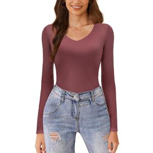 Avidlove Womens Long Sleeve Tops Sweetheart Neck Y2k Double Lined Bodysuit Top Fitted Basic Tee Going Out Shirts (Medium, Dark Purple)